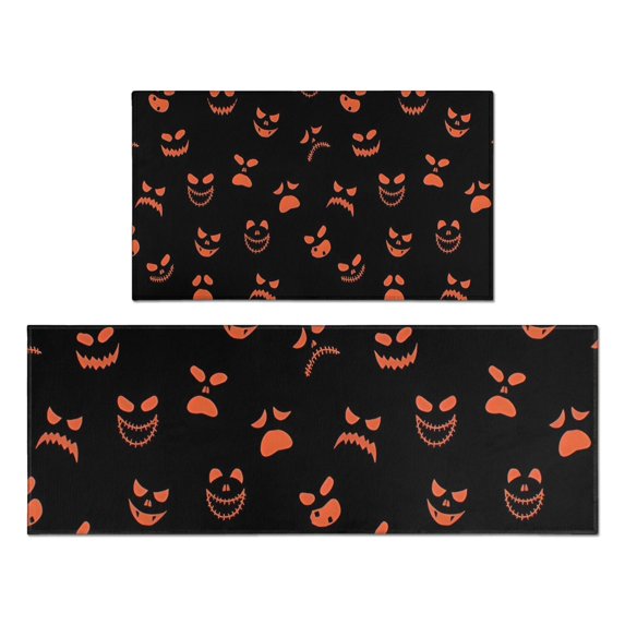 Halloween Orange Spooky Faces Kitchen Rugs Sets Of 2,Anti Fatigue Kitchen Mat Rugs Non Slip Washable,Decorative Kitchen Floor Mats for Kitchen,Sink,Laundry,17"x30"+17"x47"