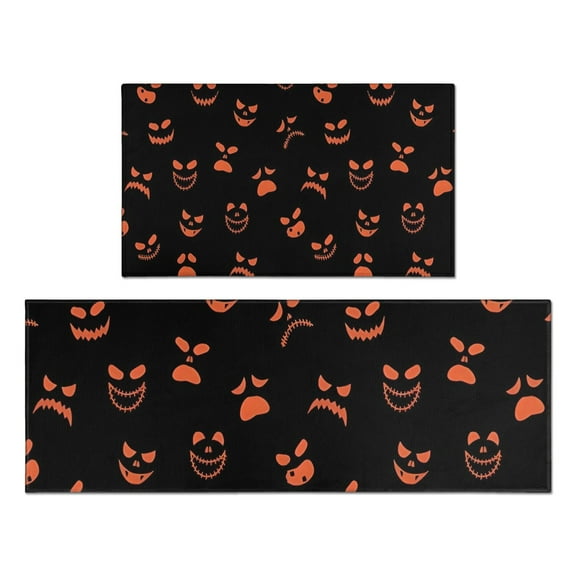 Halloween Orange Spooky Faces Kitchen Rugs Sets Of 2,Anti Fatigue Kitchen Mat Rugs Non Slip Washable,Decorative Kitchen Floor Mats for Kitchen,Sink,Laundry,17"x30"+17"x47"