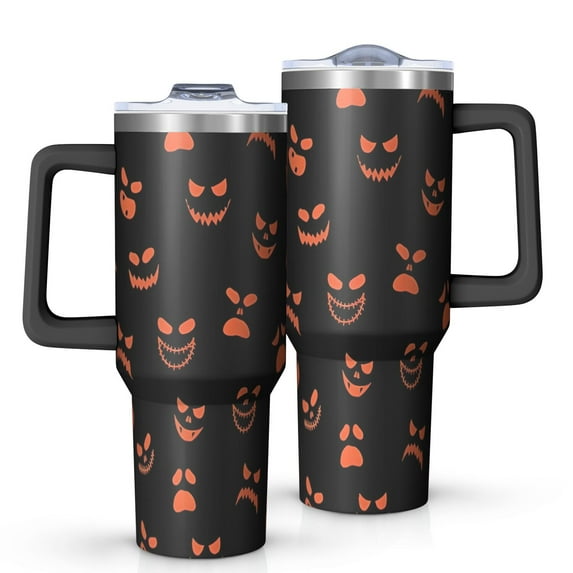 Halloween Orange Spooky Faces Tumbler with Handle and Lid,40oz Double Wall Vacuum Insulated Tumbler,Cups Gift for Women and Men