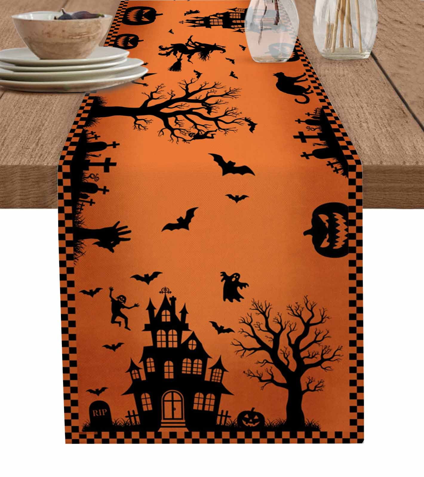 Halloween Orange Table Runner 72 Inches, Spooky Ghost Castle Pumpkin Plaid Bed Runner Dresser Scarves Tabletop for Indoor Outdoor Parties/Ceremony/Banquet, 13" x 72"