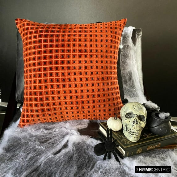 Halloween Orange Throw Pillow covers Orange 20"x20" (50x50 cm) Velvet Cut Velvet, Checkered Pillowcase For Sofa Chouch, Hotels, living, Bed Room, Checkered Modern Style - Eerie Glow