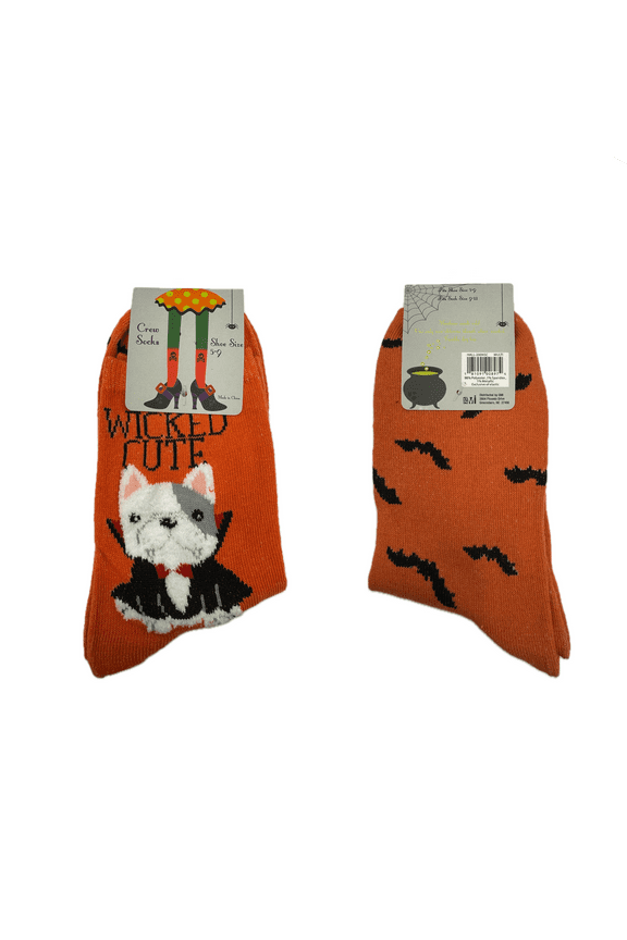 Halloween Orange Vampire Dog Crew Socks, Shoe Size 5-9, Sock Size 9-11