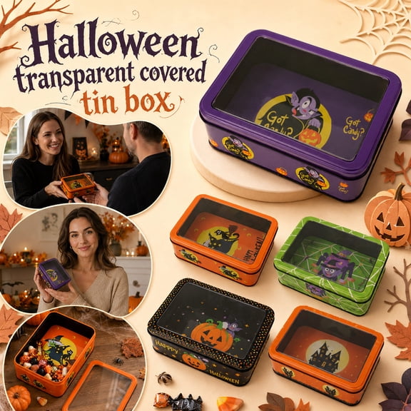 Halloween Orange Witch Design Clear Window 7X5X3 Inch Tin Box, Halloween Box, Pumpkin Decor Themed Holiday Decor, Snack Box Container, Sturdy Metal Halloween Treat Storage Vessel