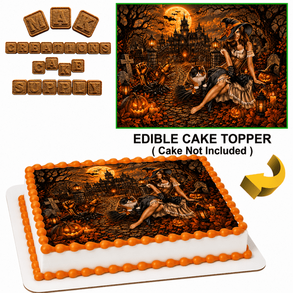 Halloween Orange Witch Edible 1/4 Sheet Cake topper - Can also be used on a 1/2 Sheet with room to decorate!