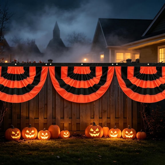 Halloween Orange and Black Pleated Half-Circle Bunting Banner, Fully Sewn Outdoor Porch and Yard Decoration