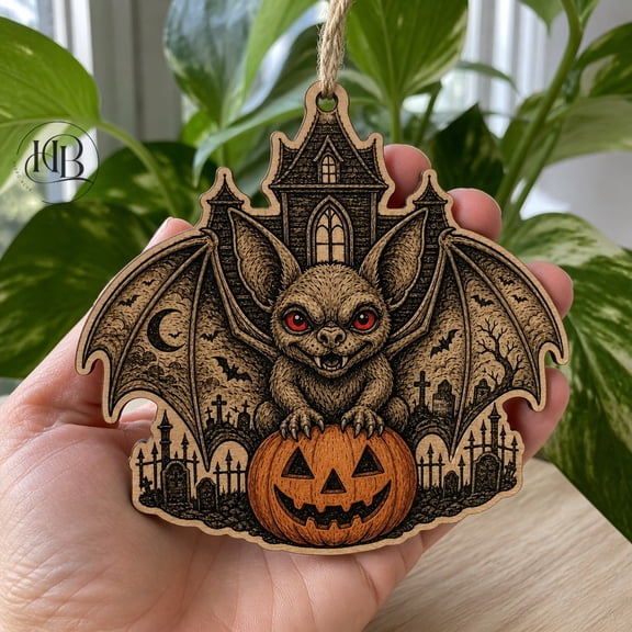 Halloween Ornament Bat Haunted House Wooden Hanging Decoration for Spooky Seasonal Decor