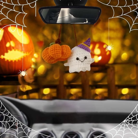 Halloween Ornament Crochet Ghost Pumpkin Hanging Pendant for Car Rearview Mirror Interior Decor