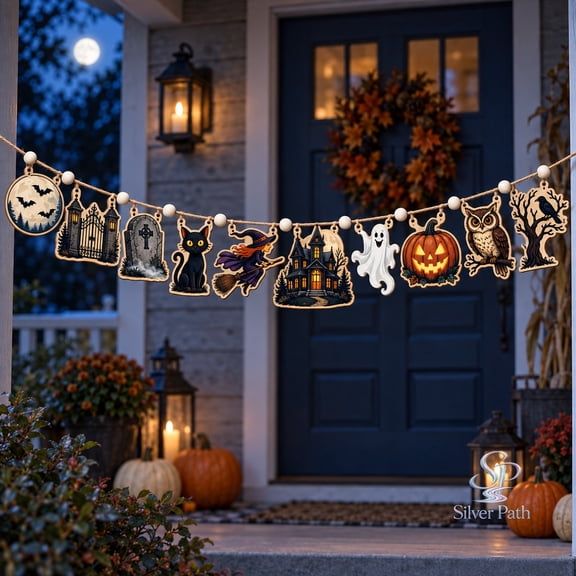 Halloween Ornament Wooden Garland, Haunted House Ghost Pumpkin and Black Cat Wooden Porch Display for Party Hosts