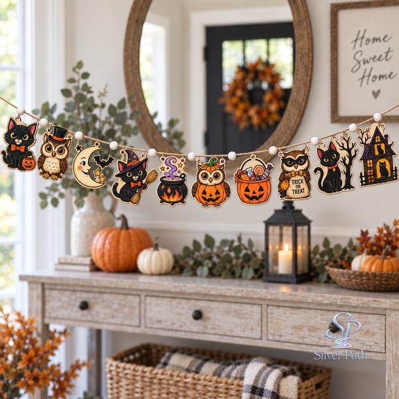Halloween Ornament Wooden Garland Spooky Black Cat, Owl, Ghost and Pumpkin Wooden Mantel Accent for Parties