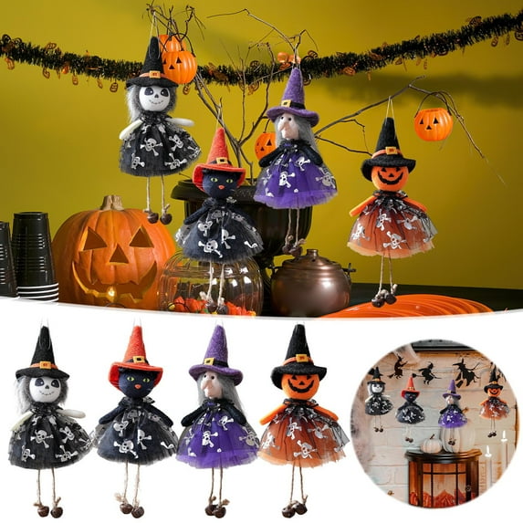 Halloween Ornaments Halloween Tree Ornaments Halloween Hanging Decorations Halloween Gauze Dress Doll Pendant Black Cats Witch Pumpkin and Ghost Style with Bells Decorative Hanging Ornament