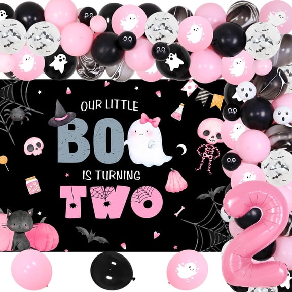 Halloween Our Little Boo Is Turning Two 2nd Birthday Party Decorations Pumpkin Backdrop Black Pink Balloon Garland Arch Kit Number 2 Foil Balloon for Girls 2nd Halloween Birthday Party Decor Supplies