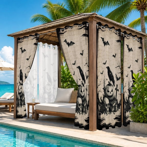 Halloween Outdoor Curtains for Patio, Fall Vintage Sitting Black Cat Goth Skull Dark Academia Rustic Waterproof Outside Curtains Privacy Blackout Curtain for Pergola Cabana, 2 Panel 54W x 108L Inch