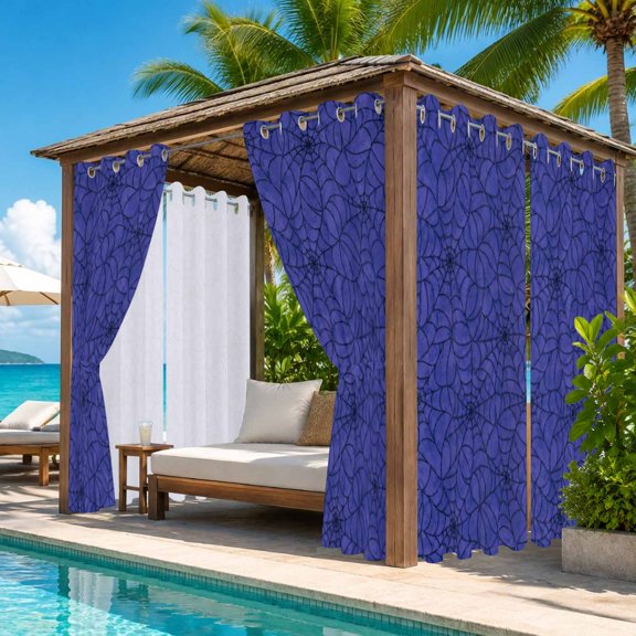 Halloween Outdoor Curtains for Patio, Minimalist Dark Blue Black Cobweb Vintage Spooky Waterproof Outside Curtains Privacy Blackout Curtain for Porch Pergola Cabana, 2 Panel 54W x 108L Inch