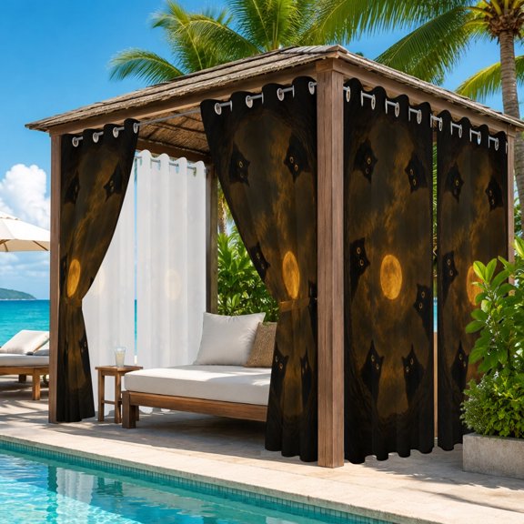 Halloween Outdoor Curtains for Patio, Mystery Black Cats Glowing Eyes Full Moon Night Sky Waterproof Outside Curtains Privacy Blackout Curtain for Porch Pergola Cabana, 2 Panel 54W x 108L Inch