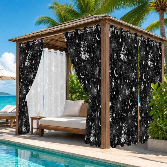 Halloween Outdoor Curtains for Patio, Vintage Mystical Spiders Webs Crescent Moons Dark Night Waterproof Outside Curtains Privacy Blackout Curtain for Porch Pergola Cabana, 2 Panel 54W x 108L Inch