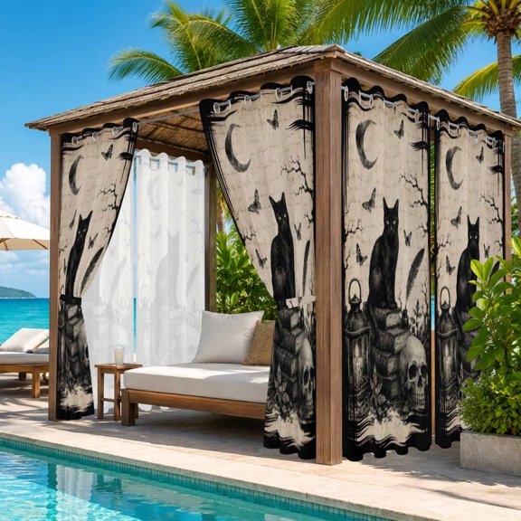 Halloween Outdoor Curtains for Patio, Vintage Sitting Black Cat Goth Skull Dark Academia Waterproof Outside Curtains Privacy Blackout Curtain for Porch Pergola Cabana, 2 Panel 54W x 108L Inch
