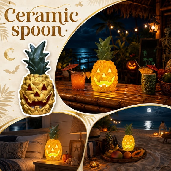 Halloween Outdoor Decor, 10 Inch Led Light Up Tropical Pineapple Jack O Lantern, Spooky Haunted House Halloween Light Up Decor, Novelty Summer Scary Pineapple Halloween Decoration