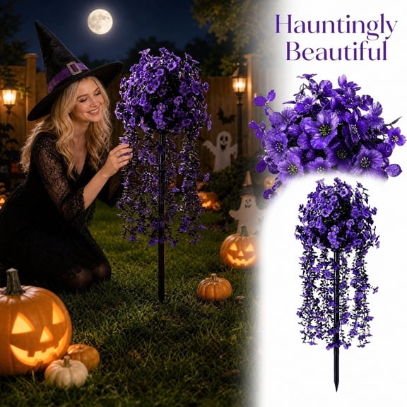 Halloween Outdoor Decor, Fake Purple Flowers, Outdoor Artificial Hanging Flowers, Graveyard Decor, Water Resistant 32X12 Inch Cascading Blooms with Black Stems and Ground Spike