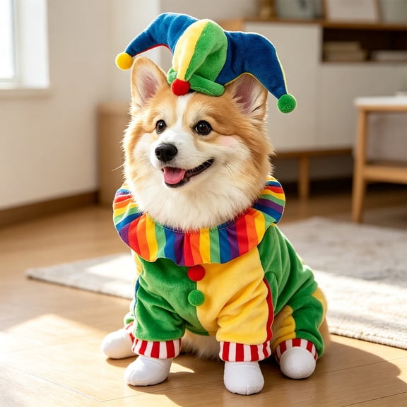 Halloween Outdoor Decor Plush Clown Dog Outfit, Vibrant Multicolor Jester Style Pet Apparel, Ruffle Collar And Pom Pom Details, For Halloween Gathering And Halloween Porch Decor