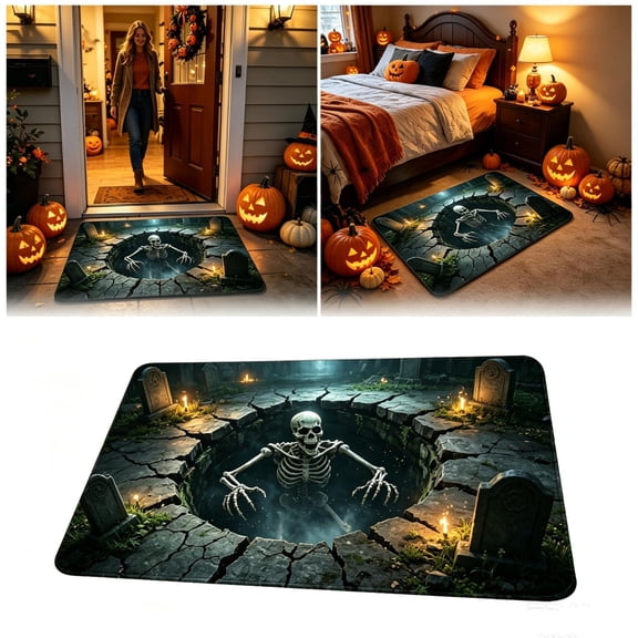 Halloween Outdoor Decor, Spooky Skeleton Halloween Mat, Halloween Graveyard Decoration Rug, Water Resistant Outdoor Entry Rug, 60X40Cm 24X16In Haunted Cemetery Themed Floor Mat