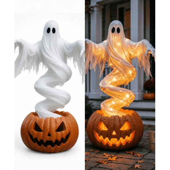 Halloween Outdoor Decor Swirling Ghost Pumpkin Lamp, Warm LED Lighted Spooky Statue for Yard Garden Lawn Porch Pathway, Halloween Party Decorations, 43.3"