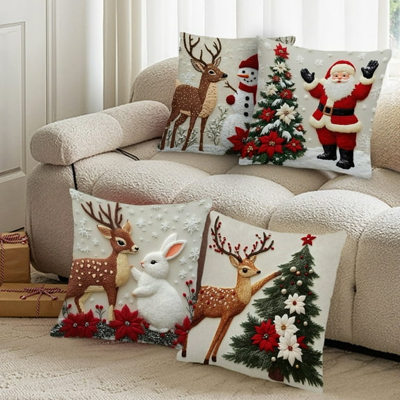 18x18 inch Christmas Pillow Covers Set of 4, Merry Christmas Throw Pillow Covers, Christmas Decorative Cushion, Deer & Rabbit Holiday Pillow for Sofa and Bed