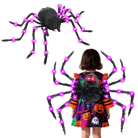 Halloween Giant Spider Costume for Kids Adults, 42 LED Halloween Plush Spider Candy Backpack Props with Halloween Spider Party Halloween Decorations Accessories- Battery Required