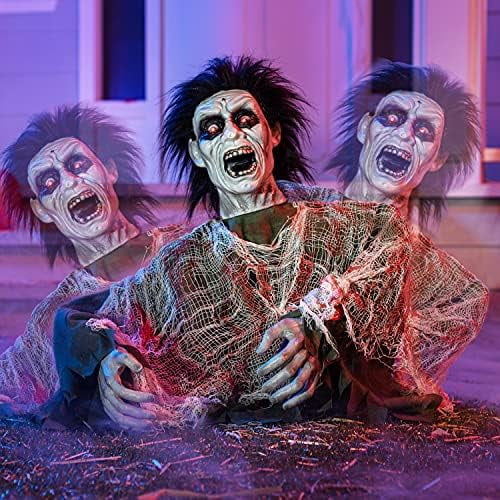 Halloween Outdoor Decoration Zombie Groundbreaker, Animatronics Zombie Props Halloween Outside Decor, Animated Groundbreaker with Sound & Glowing Eyes for Graveyard Lawn Yard Haunted House Decor