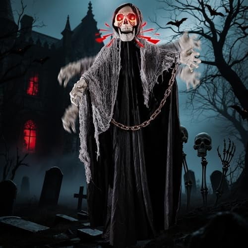 Halloween Outdoor Decorations,70Animated Hanging Skeletons Decor Grim Reaper with Glowing Red Eyes and Creepy Sound,Scary Skeleton with Chain, Haunted House Props for Home Patio Yard$$Garden & Patio