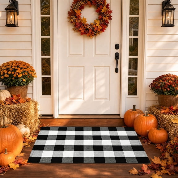 Buffalo Plaid Rug 19.6x31.5",Black and White Plaid Fall Outdoor Front Door Mat Harvets Decor,Autumn Holiday Decors Halloween Thanksgiving Carpet for Porch Entryway Farmhouse Decorations-Black