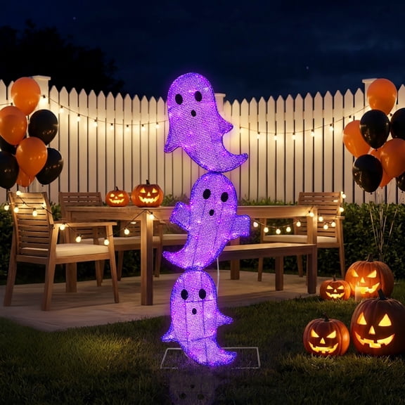 Magotan Halloween Decorations 3ft Halloween Ghost Decor Pre-Lit 65 LED Purple Light Halloween Cute Ghost Outdoor Decor for Garden Yard Home Party