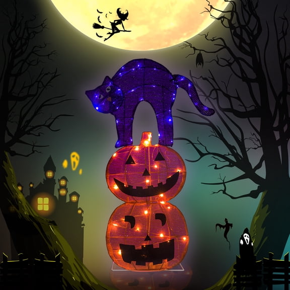 Magotan Halloween Decorations 3ft Halloween Pumpkin Cat Decor Pre-Lit 65 LED Purple and Orange Light Halloween Cute Pumpkin Cat Outdoor Decor for Garden Yard Home Party