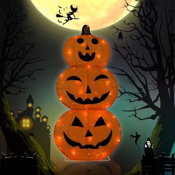 Magotan Halloween Decorations 3ft Halloween Pumpkin Decor Pre-Lit 55 LED Orange Light Halloween Cute Pumpkin Outdoor Decor for Garden Yard Home Party