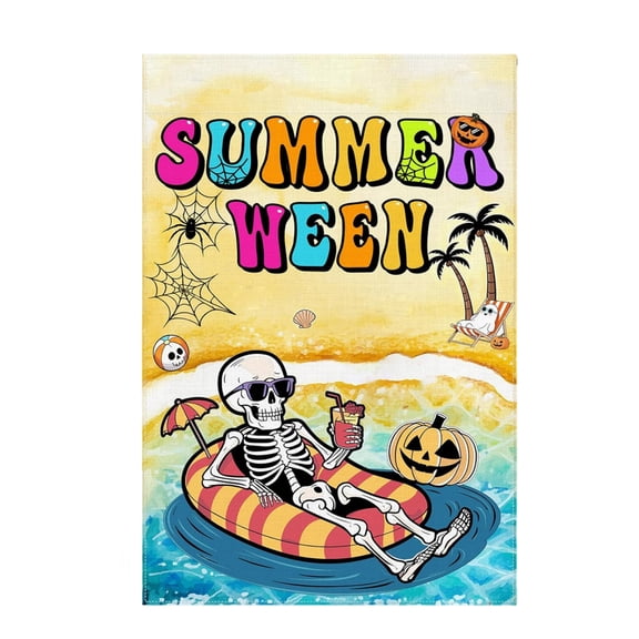 Halloween Outdoor Garden Flag 11.5FT, Funny Chilling Skeleton Beach Print Banner, All-Weather Yard Decoration for Summer Halloween