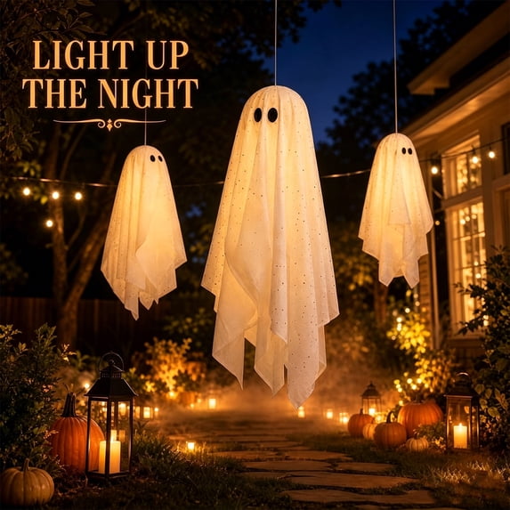 Halloween Outdoor Hanging Decorations 3 Pack Ghost Sheer Tulle with Black Spots Large 28X12 Inch & Small 20X8 Inch, Scary Halloween Decorations Outdoor and Hanging Halloween