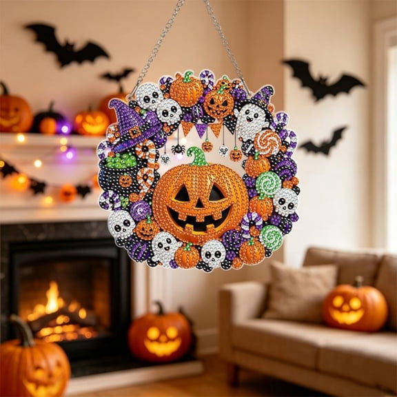 Halloween Outdoor Hanging Decorations 5D Painting Kit Halloween Pumpkin Decor for Front Door Wall Home Party Diy Handmade Craft Kit for Holiday Season