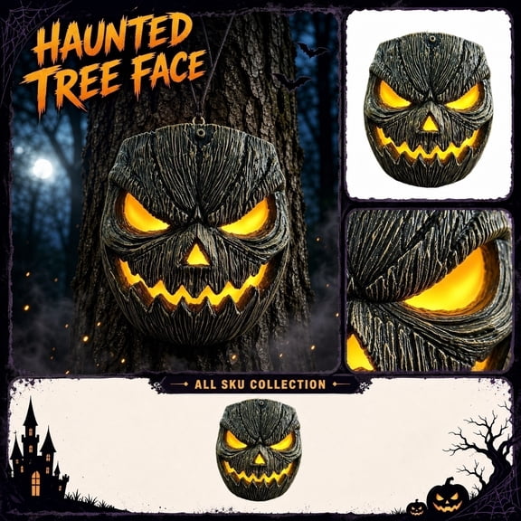 Halloween Outdoor Hanging Decorations, Glowing Scary Jack O Lantern Tree Face Design, for Backyard Tree Mount, Lawn, Front Porch Display, Spooky Haunted House Accent, Durable