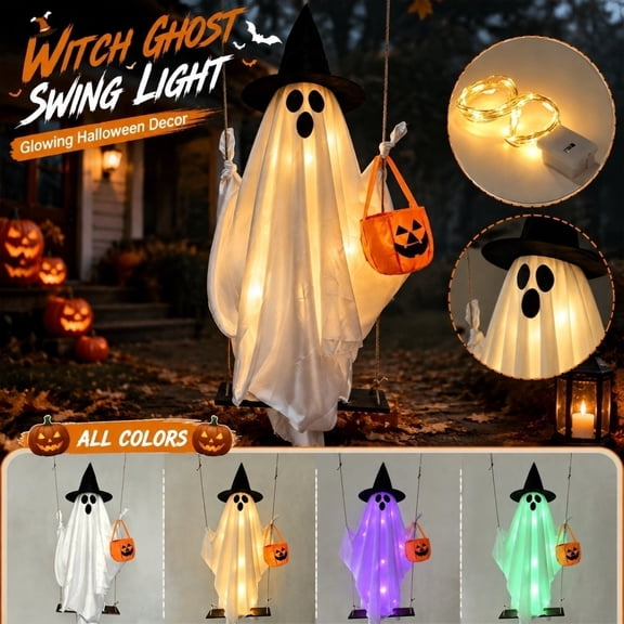 Halloween Outdoor Hanging Decorations, Swinging Ghost Outdoor Decor, Halloween Ghost Decorations, Witch Halloween Decor, 60X24 Inch Light Up White Cloth Ghost Figure with Black