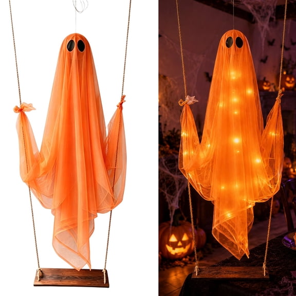 Halloween Outdoor Hanging Ghost Halloween Hanging Ghost Decorations Battery Operated Swinging Ghost Prop Sheer Gauze Glowing Specter Swing Ornament for Yard Window Indoor Outdoor Display,Saffron