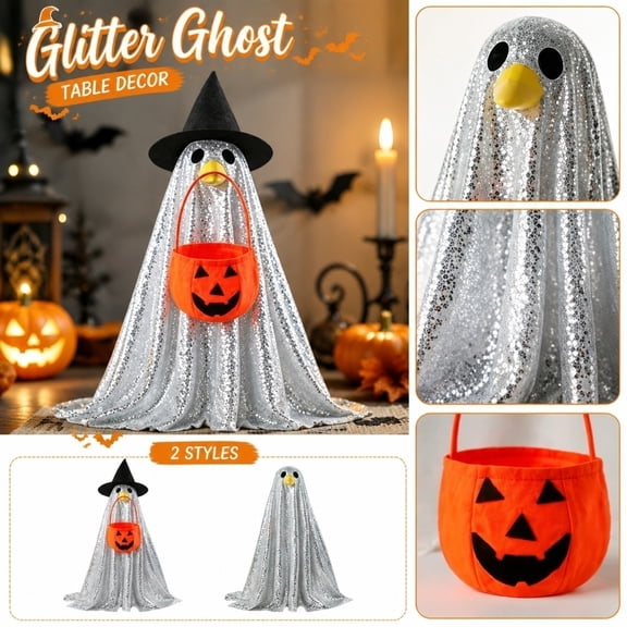 Halloween Outdoor Lawn Porch Decor, Sequined Halloween Ghost with Beak Detail, Pumpkin Trick Or Treat Bucket, Witch Hat, 28X19 in Shiny Silver 23-Inch Porch Goose Style Halloween