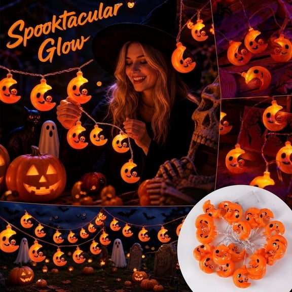 Halloween Outdoor Lights, Battery Operated Halloween Lights, Halloween Fairy Lights Battery Operated, Outdoor Led String Lights, 59 Inch 10 Led Cool Orange Crescent Moon Skull