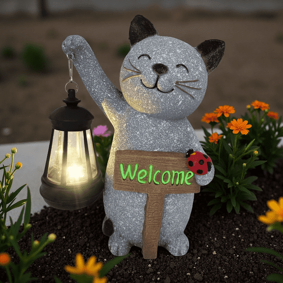 Halloween Outdoor Lights Solar Garden Statue Cat Figurine with Lantern, 10" Resin Welcome Kitten Outdoor Front Porch Patio Yard Decorations for Thanksgiving Christmas Birthday Gifts