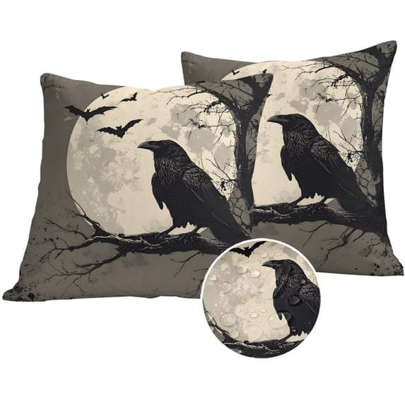 Halloween Outdoor Pillow Covers 16x16 Set of 2,Waterproof Patio Throw Pillowcase Protectors,Horror Bat Crow Full Moon Beige Black Square Decorative Pillow Shams Cushion Covers for Seat Bed Couch Sofa