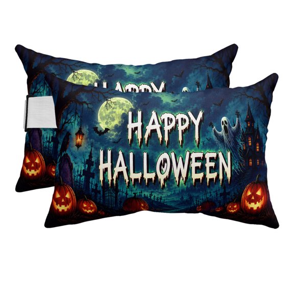 Halloween Outdoor Pillows for Chaise Lounge Chair Beach Headrest Pillow Set of 2 Waterproof Lumbar Pillows with Insert&Adjustable Strap Blue Spooky Pumpkin Ghost Moonlight Castle Pool Pillow 12"x20"