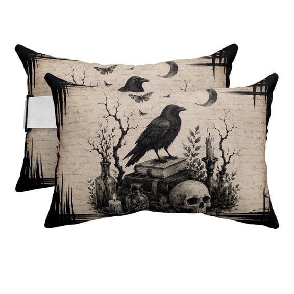 Halloween Outdoor Pillows for Chaise Lounge Chair Beach Headrest Pillow Set of 2 Waterproof Lumbar Pillows with Insert&Strap Horror Skulls Bones Black Crow Spooky Rustic Beige Pool Pillow 12"x20"