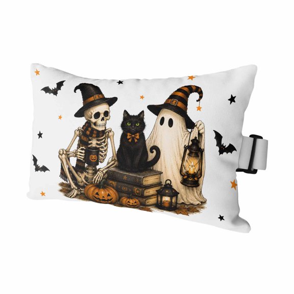 Halloween Outdoor Pillows for Chaise Lounge Chair Waterproof Lumbar Pillows with Insert&Adjustable Elastic Strap Beach Headrest Pillow Horror Skull Cat Cute Ghost Pumpkins Neck Pool Pillow 11"x16"