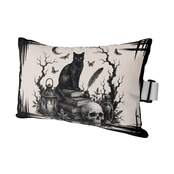 Halloween Outdoor Pillows for Chaise Lounge Chair Waterproof Lumbar Pillows with Insert&Adjustable Strap Beach Headrest Pillow Rustic Horror Skeleton Cats Buttterfly Skull Black Pool Pillow 12"x20"