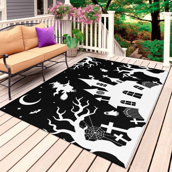 Halloween Outdoor Rug 3x5 Ft, Non Slip Washable Area Rug, Black White Ghost Castle Moon Witch Cartoon Patio Rugs Carpet Runner, Large Floor Mat for Indoor/Outdoor Deck Porch Camping