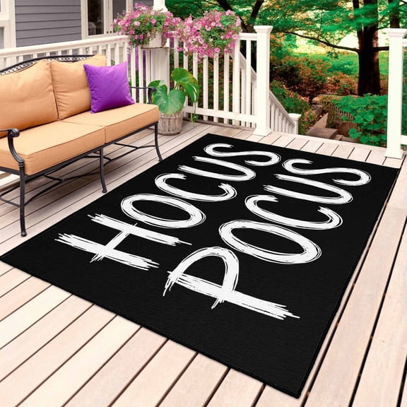 Halloween Outdoor Rug 3x5 Ft, Non Slip Washable Area Rug, Fall Modern Funny Letters Hocus Pocus Black Patio Rugs Carpet Runner, Large Floor Mat for Indoor/Outdoor Deck Porch Camping