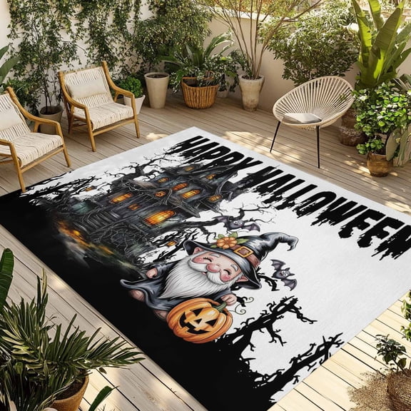 Halloween Outdoor Rug 3x5 Ft - Reversible Patio Rug Outdoor Camping Rugs, Skull Pumpkin Gnomes Bare Tree Hunting House Washable Indoor Outdoor Area Rugs, Non-Slip Outdoor Carpet Runner for Deck/Porch